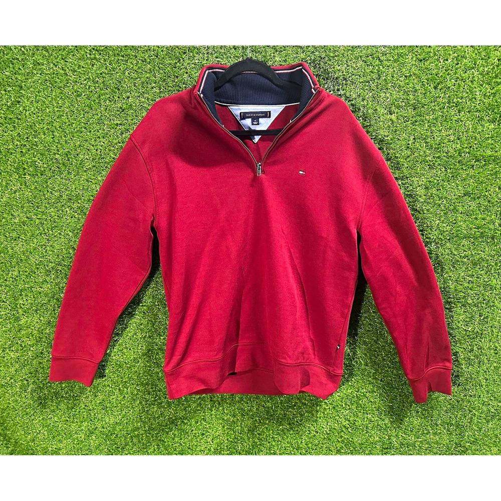 Tommy Hilfiger Men's M Red 1/4 Zip Mock Neck Pullover Sweatshirt Logo Solid